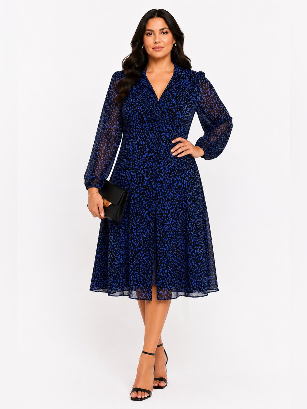 Nanette Lepore Sheer Chiffon Blue & Black‎ Specked Print Midi Dress Size 14